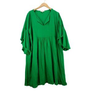 Umgee Babydoll Linen Dress Green 1XL Mini Flounce 3/4 Sleeve Fringe Trim Peasant